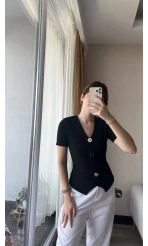 Clasic Siyah Önü Düğme Detay Fitili T-Shirt