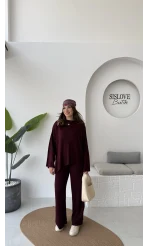 Cleo Asimetrik Kesim Triko Takım - Bordo - Kod: 04586
