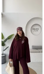 Cleo Asimetrik Kesim Triko Takım - Bordo - Kod: 04586