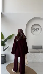 Cleo Asimetrik Kesim Triko Takım - Bordo - Kod: 04586