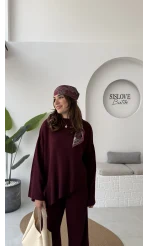 Cleo Asimetrik Kesim Triko Takım - Bordo - Kod: 04586