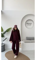 Cleo Asimetrik Kesim Triko Takım - Bordo - Kod: 04586