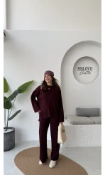 Cleo Asimetrik Kesim Triko Takım - Bordo - Kod: 04586