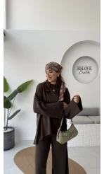 Cleo Asimetrik Kesim Triko Takım - Kahve - Kod: 04586