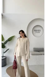 Cleo Asimetrik Kesim Triko Takım - Taş - Kod: 04586