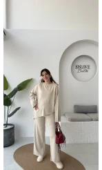 Cleo Asimetrik Kesim Triko Takım - Taş - Kod: 04586