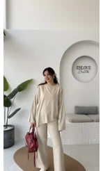 Cleo Asimetrik Kesim Triko Takım - Taş - Kod: 04586