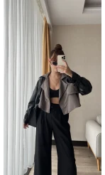 Cool Oversize Yarı Deri Siyah Trençkot