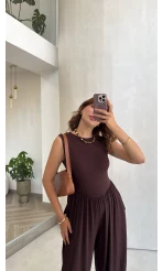 Coquette Sıfır Kol Tulum - Kahve - Kod: 4144