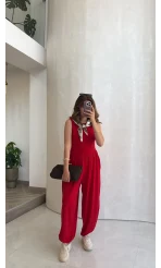 Coquette Sıfır Kol Tulum - Kırmızı - Kod: 4144