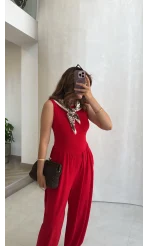 Coquette Sıfır Kol Tulum - Kırmızı - Kod: 4144