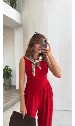 Coquette Sıfır Kol Tulum - Kırmızı - Kod: 4144