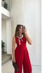 Coquette Sıfır Kol Tulum - Kırmızı - Kod: 4144