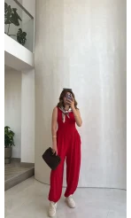 Coquette Sıfır Kol Tulum - Kırmızı - Kod: 4144