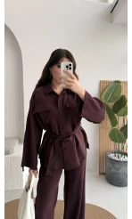 Cora Kuşaklı Oversize Tunik Gömlek Takım - Mürdüm - Kod: 8874