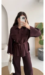Cora Kuşaklı Oversize Tunik Gömlek Takım - Mürdüm - Kod: 8874