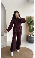 Cora Kuşaklı Oversize Tunik Gömlek Takım - Mürdüm - Kod: 8874