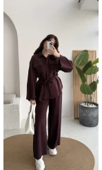 Cora Kuşaklı Oversize Tunik Gömlek Takım - Mürdüm - Kod: 8874