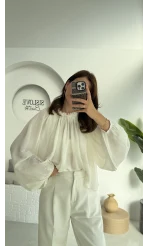 Crema Tül Bluz - Beyaz - 4959