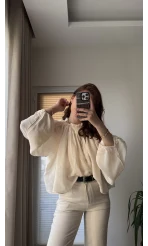 Crema Tül Bluz - Krem - 4959