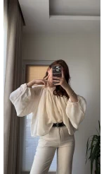 Crema Tül Bluz - Krem - 4959