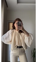 Crema Tül Bluz - Krem - 4959