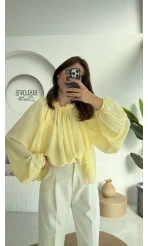 Crema Tül Bluz - Sarı - 4959