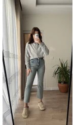 Crop Düğmeli Yumoş Hırka Gri