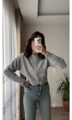 Crop Düğmeli Yumoş Hırka Gri