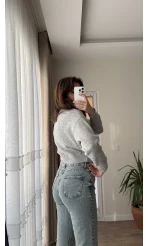 Crop Düğmeli Yumoş Hırka Gri