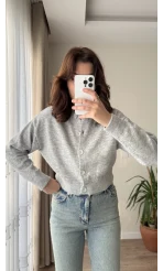 Crop Düğmeli Yumoş Hırka Gri