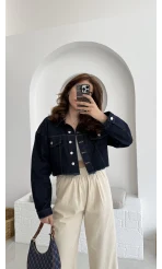 Crop Kot Ceket Koyu Mavi