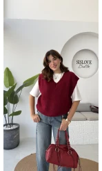 Daisy V Yaka Süveter - Bordo - Kod: 04583