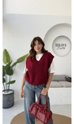 Daisy V Yaka Süveter - Bordo - Kod: 04583