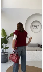 Daisy V Yaka Süveter - Bordo - Kod: 04583