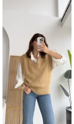 Daisy V Yaka Süveter - Camel - Kod: 04583