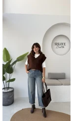 Daisy V Yaka Süveter - Kahve - Kod: 04583