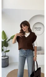Daisy V Yaka Süveter - Kahve - Kod: 04583