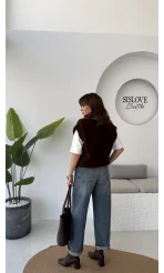 Daisy V Yaka Süveter - Kahve - Kod: 04583