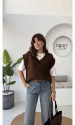 Daisy V Yaka Süveter - Kahve - Kod: 04583