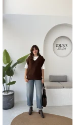 Daisy V Yaka Süveter - Kahve - Kod: 04583