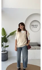 Daisy V Yaka Süveter - Taş - Kod: 04583