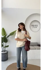 Daisy V Yaka Süveter - Taş - Kod: 04583