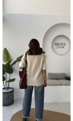 Daisy V Yaka Süveter - Taş - Kod: 04583