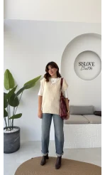 Daisy V Yaka Süveter - Taş - Kod: 04583