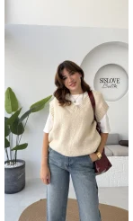Daisy V Yaka Süveter - Taş - Kod: 04583