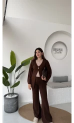 Damla Düğmeli Triko Takım - Kahverengi