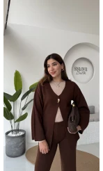 Damla Düğmeli Triko Takım - Kahverengi