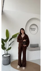 Damla Düğmeli Triko Takım - Kahverengi