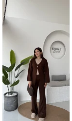 Damla Düğmeli Triko Takım - Kahverengi